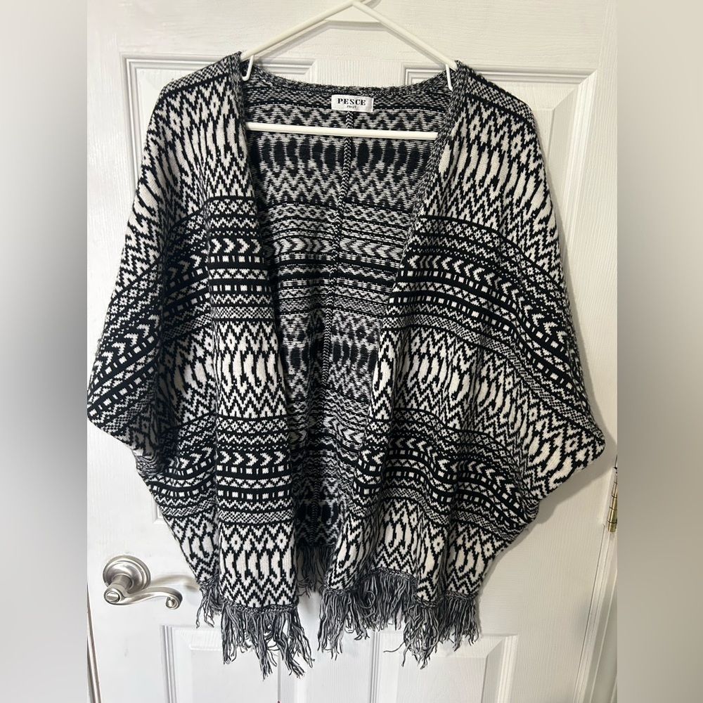 Pesce Italy Cashmere black white geometric open-front cardigan sweater fringe OS